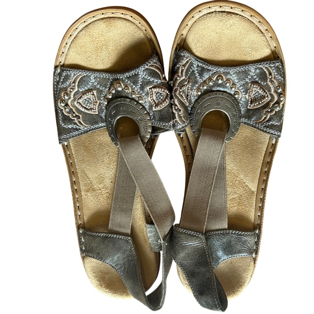 Rieker Slingback Sandals Regina Womens Pewter Metallic Embroidered Bead Wedge 38
